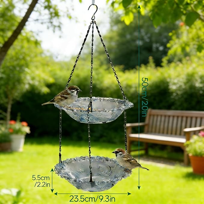 2-Tier Hanging Bird Feeder & Bird Bath, Gray Plastic Hanging Bird Bath for Outside, Outdoor Bird Water Bowl for Garden Yard Patio Decor