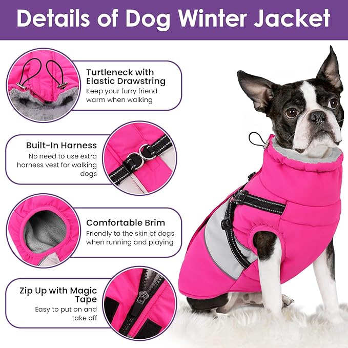 Dog Coat, XXXL Dog Jacket Winter with Harness Built in, Waterproof Pet Snow Jacket with Furry Collar for Chilly Day, Reflective Fleece Snowsuit for Extra Large Dogs, Hot Pink 3XL