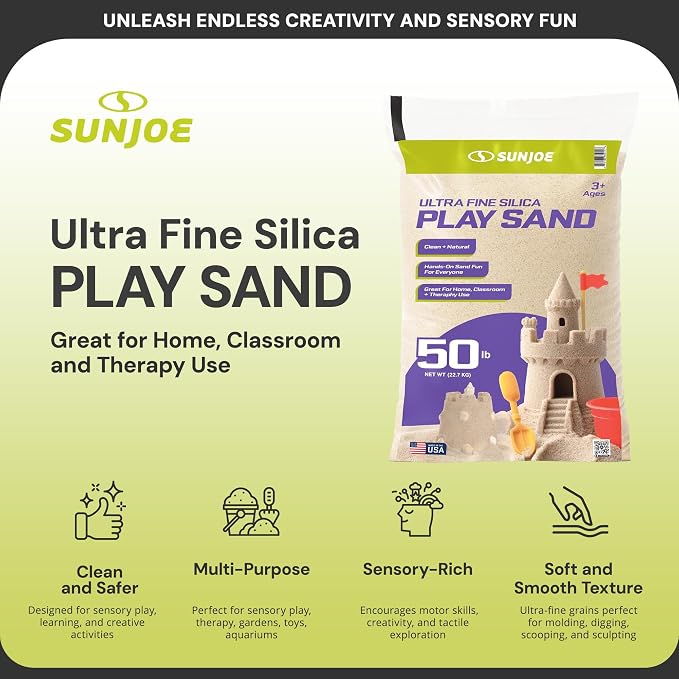 Sun Joe 5 Pack Silica Play Sand for Sandbox, Sensory Table & Garden Spaces, Ultra Fine, 50 Lbs - Natural Craft Accessory for Molding, Digging & Sculpting - Ideal for Indoor and Outdoor Use