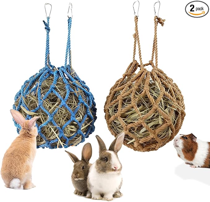 2 Pcs Rabbit Hay Feeder Mesh Bags, 2 Metal Hooks Hanging Hay Mesh Bags, Guinea Pig Hay Bags, High-Capacity Bunny Hay Bag for Rabbits, Chinchillas, Hamsters, Small Pets and Animals