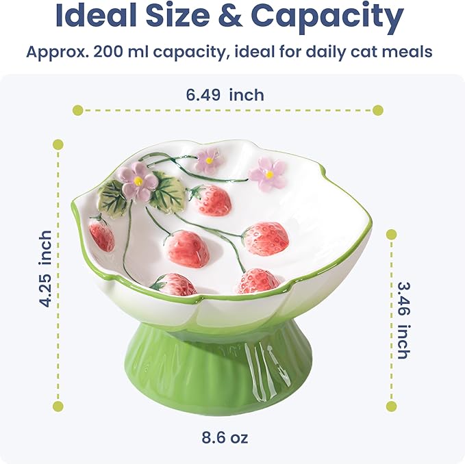 PawsPik Strawberry Blooms Elevated Ceramic Cat Bowl – Raised Cat Food Bowl with 15° Tilt, Whisker-Friendly Pet Feeding Bowl, Anti-Choking Dish, Dishwasher Safe (Green)