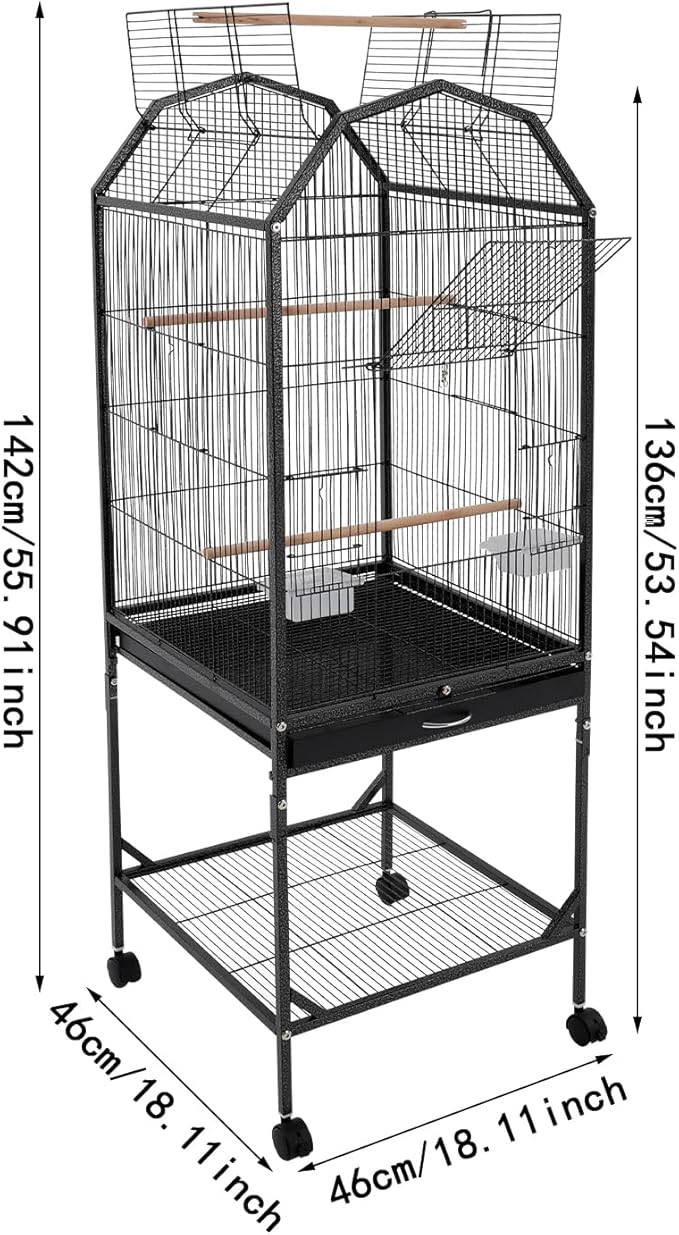 Birdcage Open Top 54 Inch Birdcages with Pull-Out Tray, Rolling Bird Cages with Wheels for Parakeets, Parrot, Cockatiel, Pigeon, Finch Cage(Black)