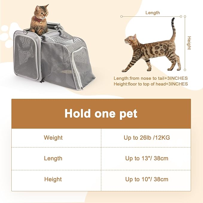 Expandable Cat Carrier with Portable Litter Box, Soft-Sided Pet Travel Carrier for Large Cats up to 20 lbs, Foldable Car Seat Crate for Long Distance Road Trips, Light Gray