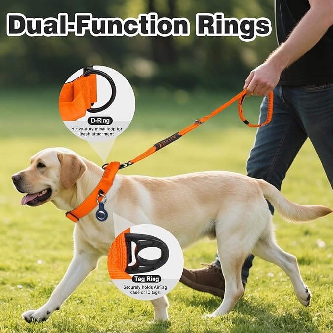 Joytale Tactical Dog Collar for Large Dogs with Control Handle, Heavy Duty Military Training Collar for Power Breeds, AirTag Holder Case, Quick Release Metal Buckle, Soft Padded, L, Orange