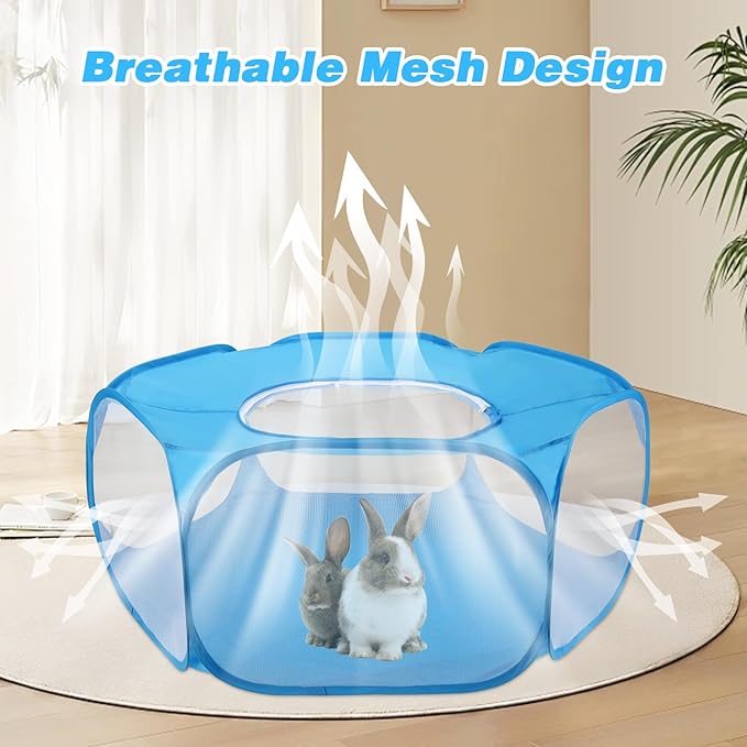 Rypet Collapsible Small Animal Cage Tent, Breathable Fabric Guinea Pig Playpen with Cover, Transparent Hamster Playpen Portable Pet Yard Exercise Fence for Reptile Rabbit Chinchilla Hedgehog(Blue)