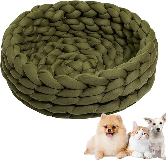 Woven Dog Bed Basket, Knitted Cotton Cat Bed Round Washable Woven Cat Pet Bed Chunky Dog Basket, Orthopedic, Chunky Knit Dog Nest,Dog Bed,Dog Cave,Dog Bedding(Green,21")