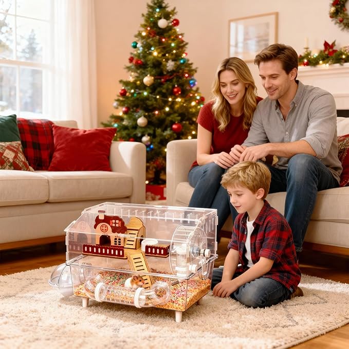 Large Hamster Cage 9 in 1 with All Accessories, 2-Layer Acrylic Hamster House with Full Transparent Viewing,Top Open Mouse Cage for Pet Mice,Hamster Habitat for Dwarf Hamster, Gerbils (Transparent)