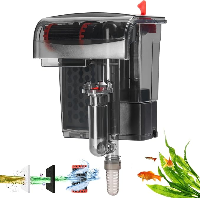 Fish Tank Filter Hang On Back Aquarium Filter for 10-25 Gal 93GPH 5W | with Surface Skimmer, Small Quiet 3-Stage Filtration System, Adjustable Flow Expandable Hose for Circulation and Aeration