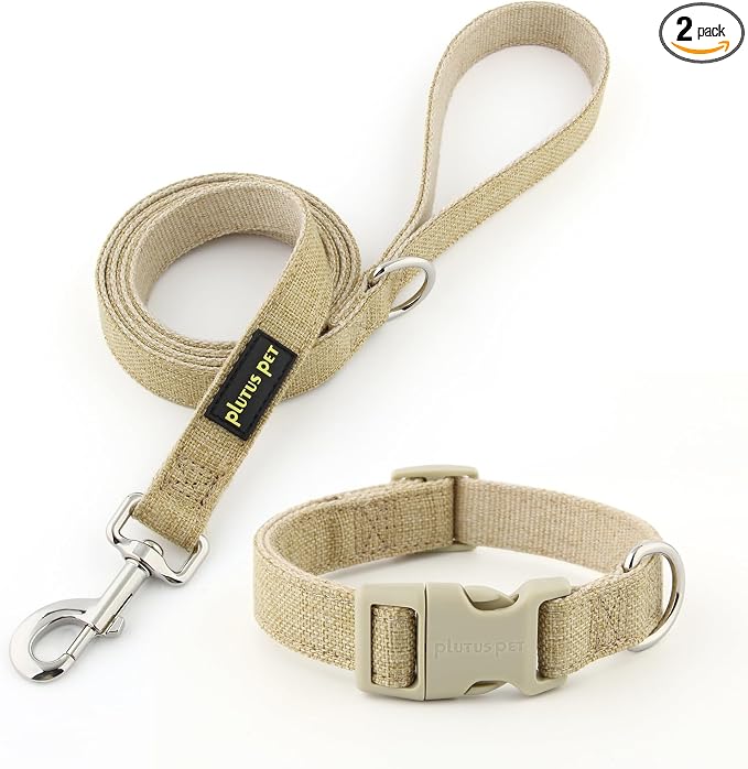 Plutus Pet Cotton Hemp Dog Collar and Leash Set, Adjustable Collar for Small, Medium, and Large Dogs, Heavy Duty and Soft on Skin, Khaki, XL