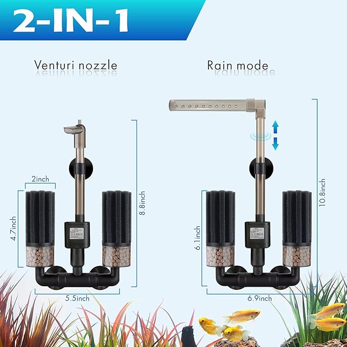 Electric Aquarium Sponge Filter with Submersible Pump, Ultra Quiet Power Filtration, Bio Media & Dual Sponges, Internal Filter for Freshwater & Saltwater Fish Tanks