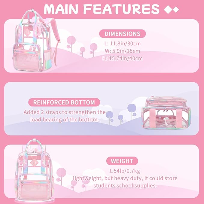 MOONBABY Small Clear Backpack for School Transparent Bookbag for Kids Heavy Duty PVC See Through Backpack Stadium Approved