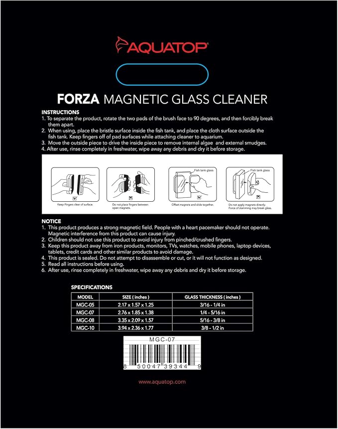 Aquatop Floating Magnetic Glass Cleaner for Fish Tanks – Non-Scratch Scrubbing Pads, Strong Magnet Grip, Easy Cleaning for Aquariums Up to 5/16″ Glass Thickness, MGC-07