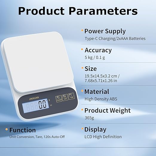 Kitchen Scale 5kg/0.1g Precision Food Scales for Kitchen Digital Scale Grams for Cooking Baking Weight Loss, Rechargeable Coffee Scale Food Weight Scale with Large Backlit LCD Display USB Cord