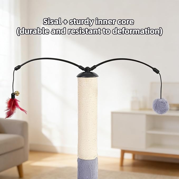 YUNIQUE Cat Scratching Post with Sisal Rope, Small Cat Tree with Dangling Balls & Feather for Kittens(Grey, 22.8'')