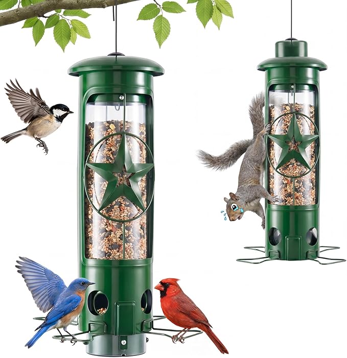 Squirrel Proof Bird Feeders for Outdoors Hanging, Metal Squirrel Proof Bird Feeder with Gravity Protection, 3LB Large Capacity Wild Bird Feeders for Outside Finch, Cardinal, Blue Jay (Green)