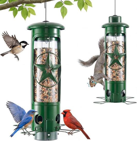 Squirrel Proof Bird Feeders for Outdoors Hanging, Metal Squirrel Proof Bird Feeder with Gravity Protection, 3LB Large Capacity Wild Bird Feeders for Outside Finch, Cardinal, Blue Jay (Green)