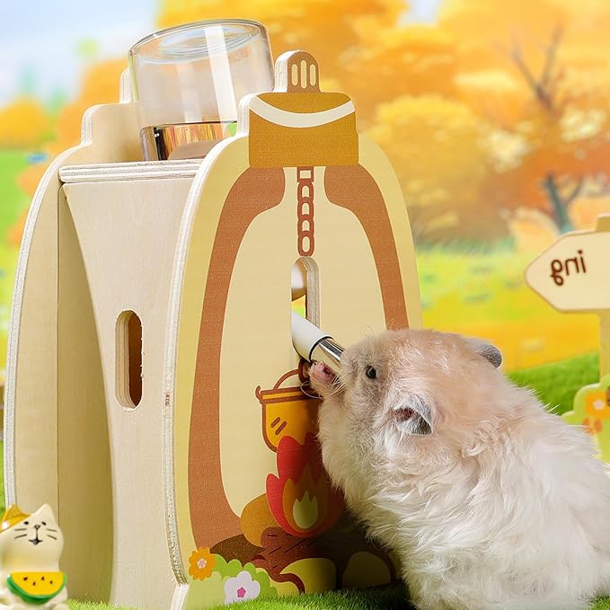 Mni&moe Hamster Water Bottle for Glass Tank – 4 oz Guinea Pig Water Bottle No Drip with Wooden Holder Small Animal Water Dispenser Hamster Cage Accessories for Rats, Chinchilla, Gerbils