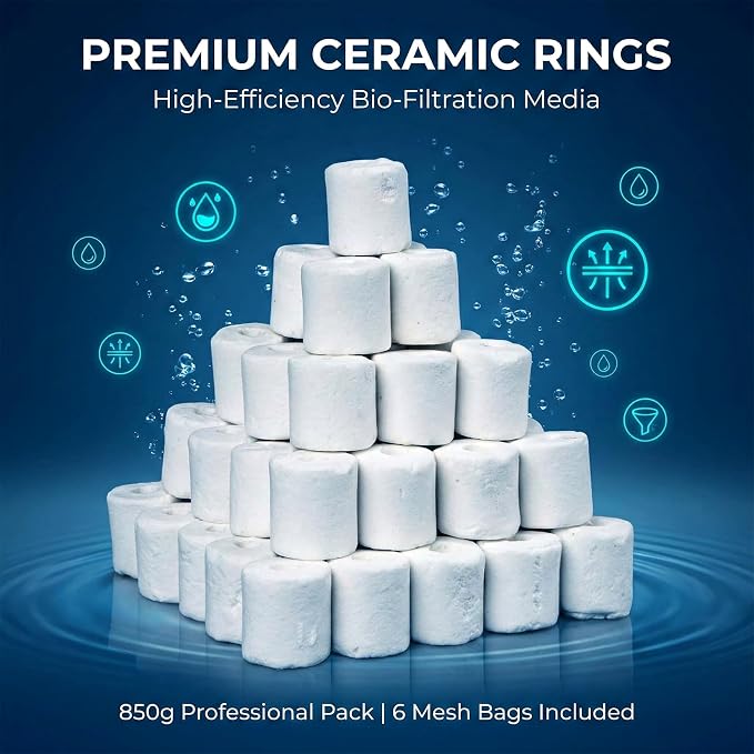 Sukh 30oz Ceramic Rings for Aquarium Filter - Bio Media with 6 Mesh Bags | Porous Filter Media for Fish Tank, Pond, Canister Filters, Betta Tank Accessories, Freshwater Saltwater Setup & Water Flow