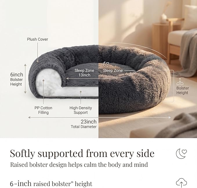 Calming Donut Dogs Beds for Small Dogs Washable,23inch Plush Round Pet Bed for Cozy Sleep,Fluffy Faux Fur Large Cat Bed,Fits up to 25 lbs Pets,Dark Grey