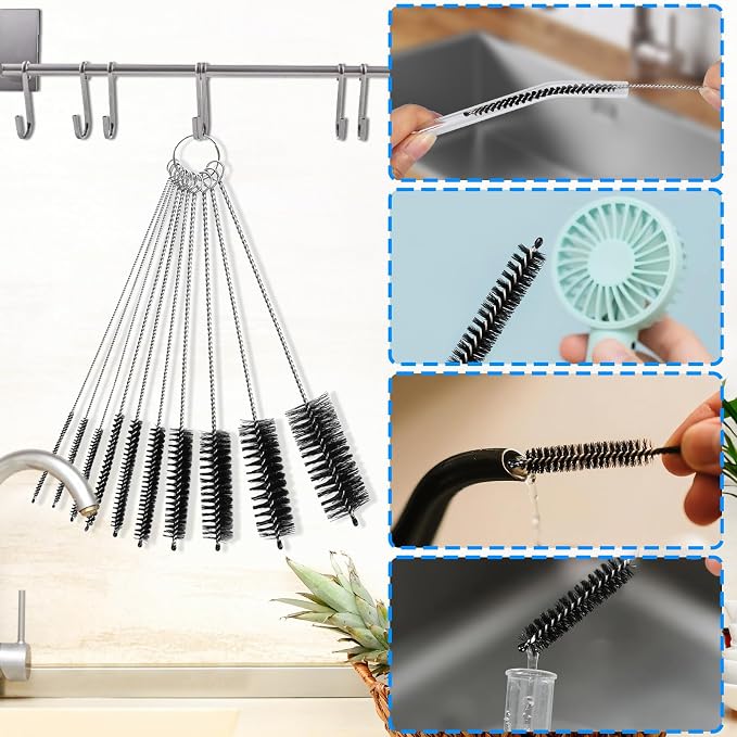 Ixiaoyoo 11 Pcs Cleaning Brushes Set, 8 Inch + 60 Inch Cleaner Brushes | Black Nylon Brushes Kit for Bottles, Tumbler, Sippy Cups, Pet Waterers, Drinking Straws, Pipes, Sink Drain, Fish Tank, Hose