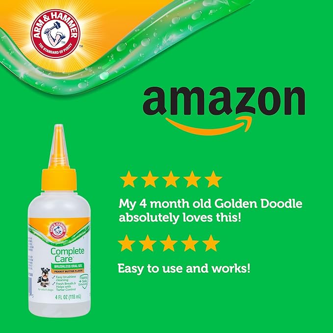 Arm & Hammer Complete Care Brushless Oral Gel for Dogs, Peanut Butter Flavor, Rub-On No-Brush Dog Toothpaste, Baking Soda Enhanced for Fresh Breath and Tartar Control, 4 Fl Oz