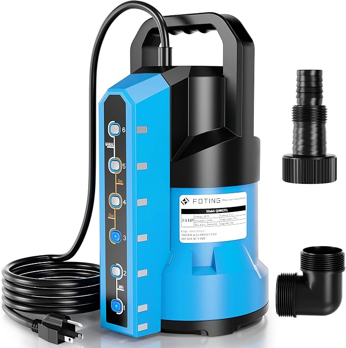 FOTING Sump Pump 3/4HP Automatic Submersible Water Pump, 2400GPH Thermoplastic Electric Portable Transfer Water Pump for Swimming Pool Garden Pond Basement with 16ft Cord, Drain Down to 0.04inch,Blue