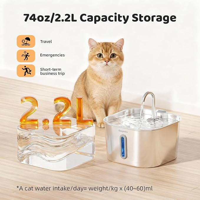 SARPAWS Cat Water Fountain Stainless Steel, 2.2L/74oz Pet Water Fountain for Cats Indoor, Ultra Quiet Cat Fountain for Cats and Small Animals, Cat Fountain for Drinking with 2 Filters & 2 Sponges