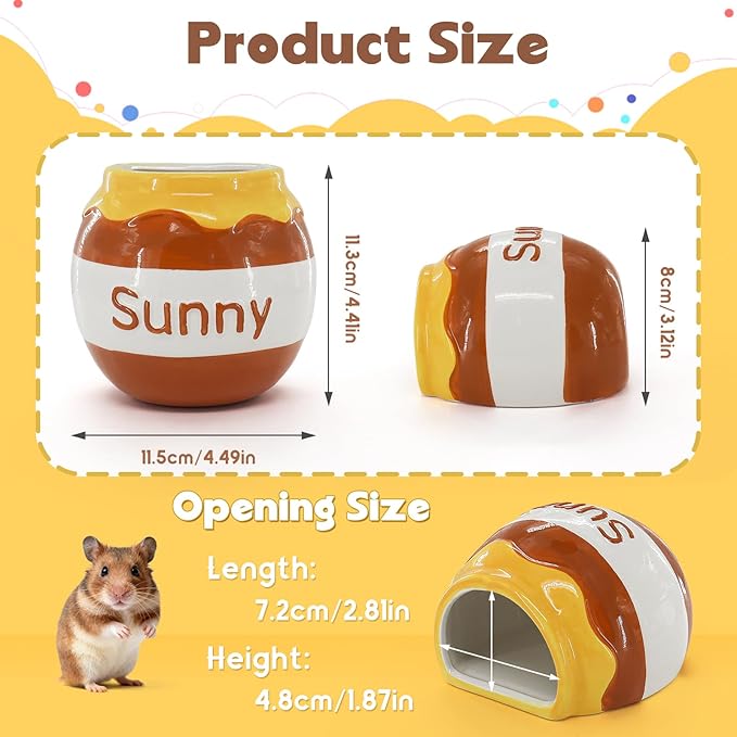 WishLotus Ceramic Hamster Hideout, Cute Honey Jar Shaped Hamster House, Large-Opening Small Animal Hideout, Small Animal Hideout Habitat Decor for Dwarf Hamsters Gerbils Chinchilla (Yellow-Brown)