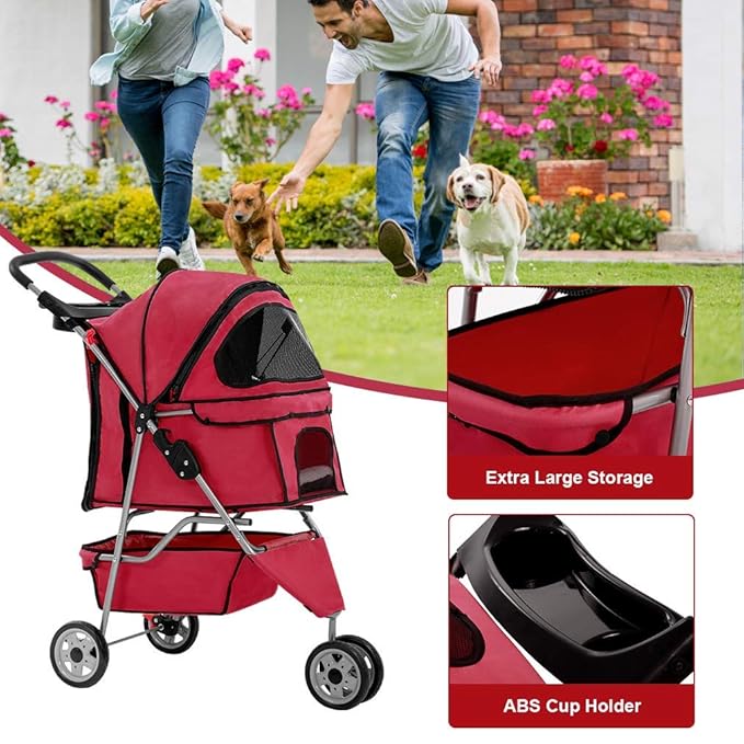 BestPet 3 Wheels Pet Dog Stroller Cat Cage for Medium Small Dogs Cats Travel Folding Carrier Waterproof Puppy Stroller with Cup Holder & Removable Liner,Red