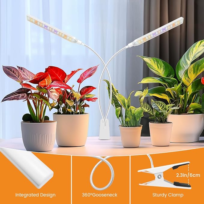 Kullsinss Clip-on Grow Lights for Indoor Plants, 114 LEDs 15W Plant Light | White 2-Gooseneck Plant Lamp for Seedlings, Full Spectrum Growing Lamp with Red/Blue/Yellow/White LEDs, Timer & Dimmable