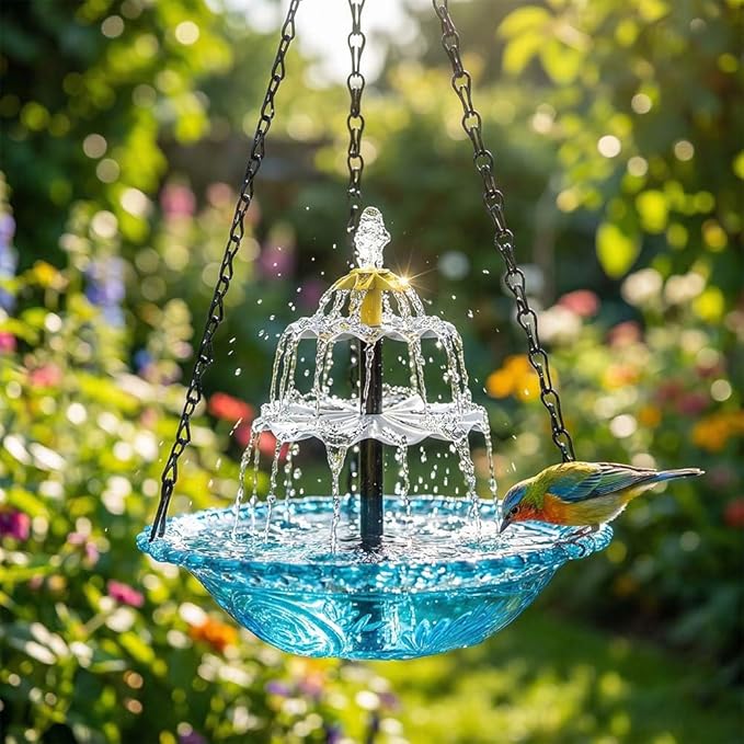 Solar Cascade Hanging Bird Bath Fountain, New Hanging Bird Bath with Flowing Water, Bird Bath Fountain Decorative Garden Yard Patio for Outdoor (Blue)