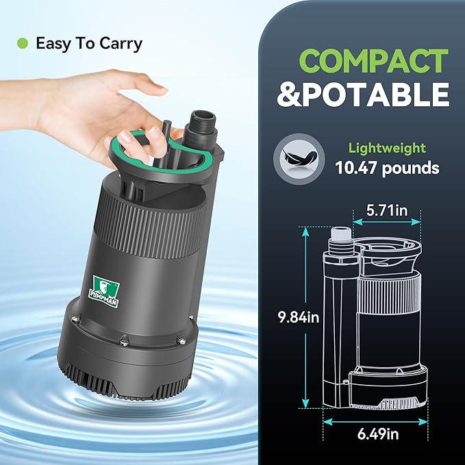 PUMPMAN 1/4HP Portable Water Pump, 2110GPH Submersible Utility Pump with 3/4” Garden Hose Check Valve Adapter Electric Sump Pump, 120V, Removal for Pool Draining Basement Hot Tubs Garden