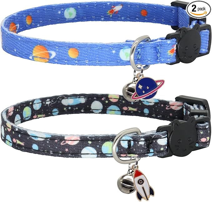 Cat Collar Breakaway, 2 Pack Cotton Kitten Collars with Bells and Removable Charms, Cute Planet Shaped for Indoor Boy, Girl and Adult Cats