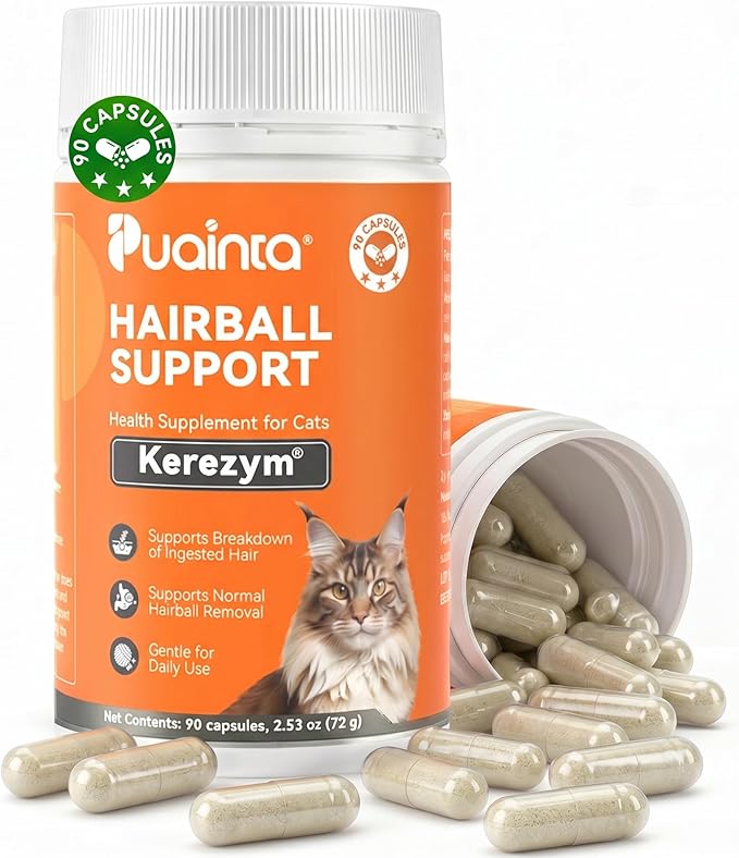 PUAINTA Cat Hairball Control – Alternative to Hairball Gel & Paste, Hairball Remedy for Cats, No Mineral Oil, Easy Capsule Supplement for Hairball Relief, Reduce Shedding, Skin & Coat, 90 Count