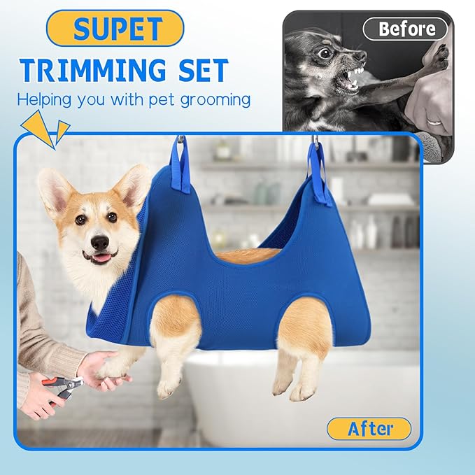 Supet Dog Grooming Hammock Harness for Dogs Cats, Relaxation Pet Nail Clipper Hammock, Restraint Dog & Small Animal Leashes Sling for Groomingk for Nail Trimming (Blue, XS)