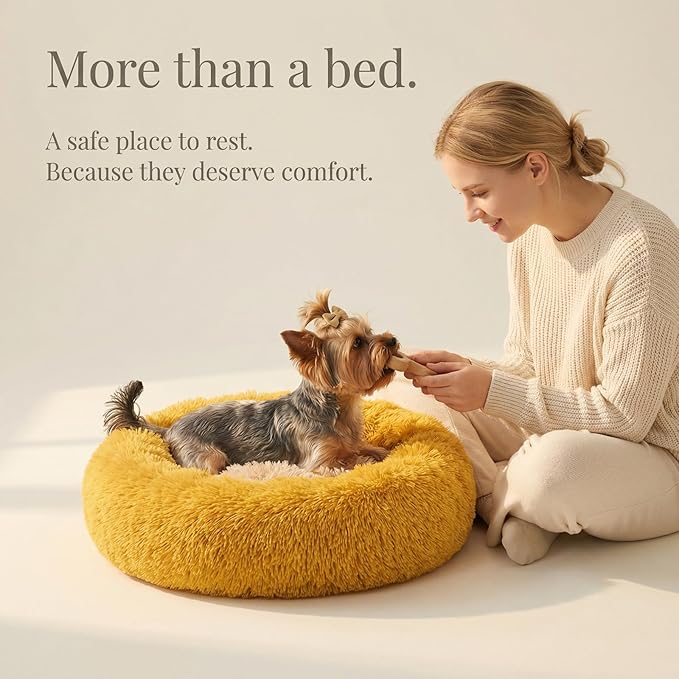 Calming Donut Dogs Beds for Small Dogs Washable,19inch Fluffy Round Puppy Bed for Puppies,Cats & Toy Breeds with Raised Rim,Fits up to 15 lbs Pets,Orange