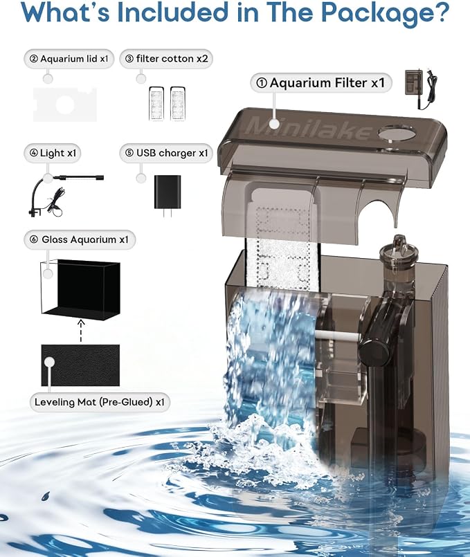 2.5 Gallon Nano Aquarium Starter Kit, Rimless Glass Fish Tank Kit | Leak-Proof Aquarium Kit with Filter, Adjustable LED Light, Lid & Mat for Betta, Goldfish, Small Fish or Shrimg