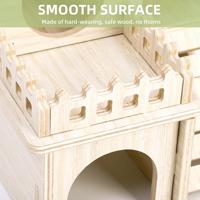 WRINGKIT Wood Hamster House, Tiny Maze Hamster Hideout, Fun Slide Gerbil House with Window, Detachable Double Decker Hut for Hamster Dwarf Mice Mouse Small Animals