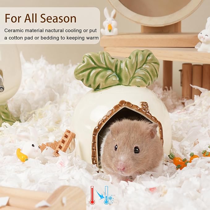 Ceramic Hamster Hideout, Hamster House and Habitat, Syrian Hamster Hideout Decor Cool Bed for All Season Gerbil, Mice Guinea Pig (White, Carrot)
