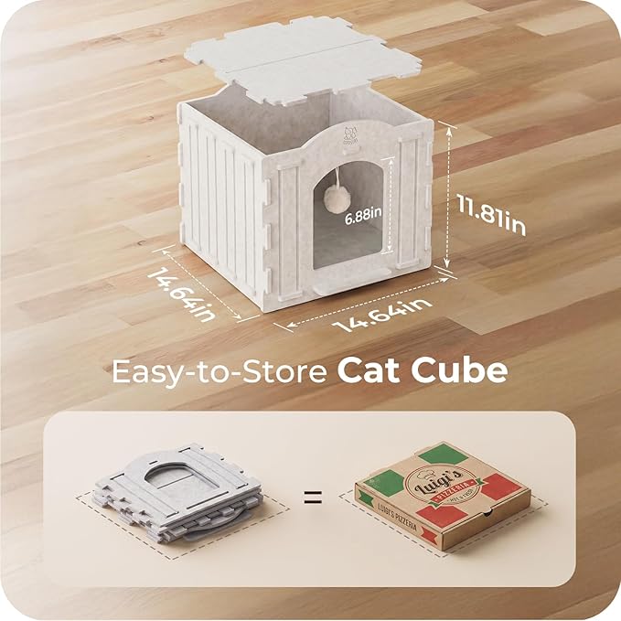Apasiri Cat Bed Cave for Indoor Cats: New Felt Cat Bed with Fluffy Ball, Foldable Cat House with Scratch-Resistant Board, Hideaway Cat Cave for Timid Cats, Sturdy Two-Tier Cat Condo & Cat Houses