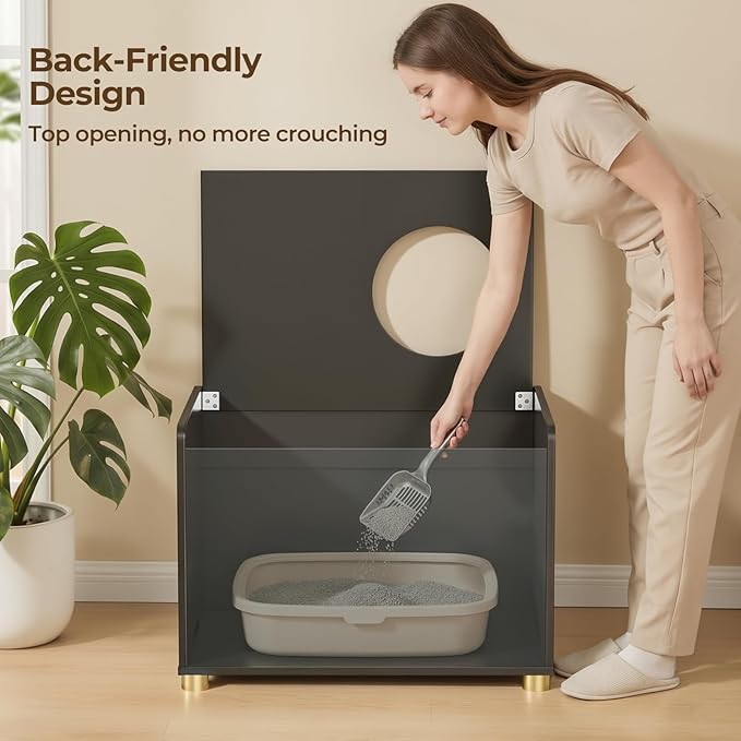 Amunrbrek Top Entry Litter Box Enclosure, Flip Top Cat Litter Box Furniture with Scratch Mat, Stylish Hidden Cat Washroom for Large Cats (Black)