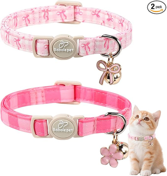 2 Pack Pink Cat Collars - Spring Summer Breakaway Cat Collar with Bell, Bow and Flower Pendant, Adjustable Kitten Collars for Girl Cats, Cute Pink Plaid &Bow