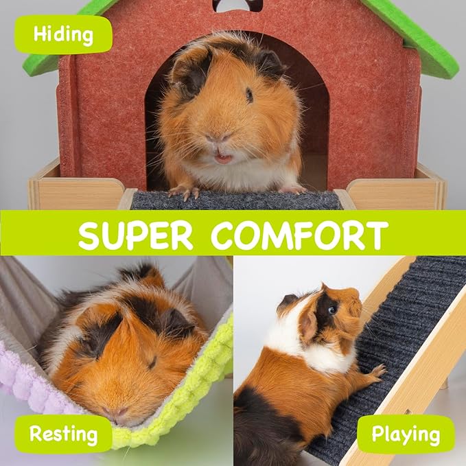 BESNEW 3 in 1 Enlarged Guinea Pig Hammock,Wooden Guinea Pig Hideout with House & Platform & Stairs Small Animal Toys for Hiding Sleeping Activities