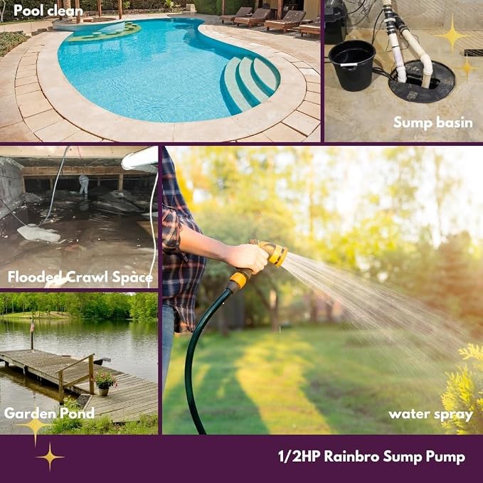 Rainbro 1/2 HP Thermoplastic Submersible Sump Pump With Vertical Float Switch, Utility Pump, Model# PSU051V
