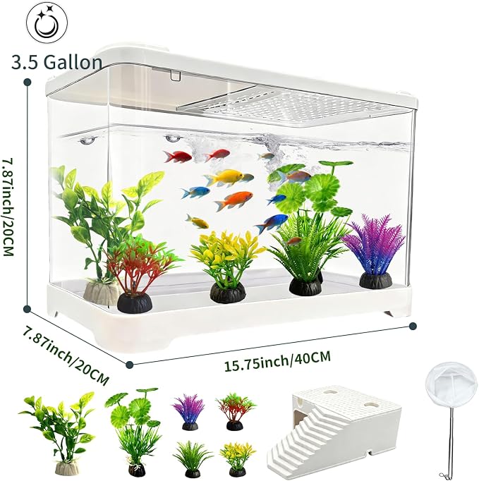 3.5 Gallon Plastic Betta Fish Bowl, Unbreakable Small Portable Fish Tank - Desktop Aquarium Starter Kit,Clear Rectangular Fish Tank for Goldfish Aquatic Shrimp 9-Piece Set for Home Decoration.