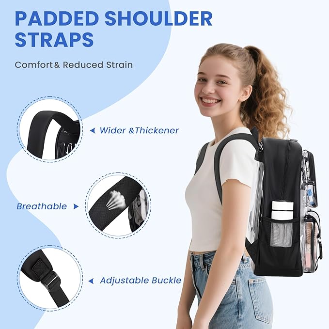 MUSEVOS Clear Backpack for School, Heavy Duty Clear Bookbag for Girls Boys Transparent Backpack with Badge Holder, Black