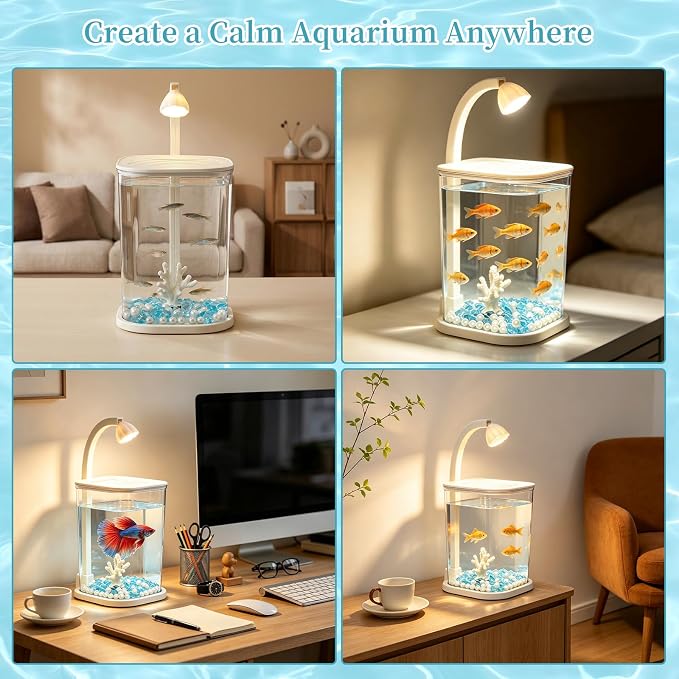 Desktop Small Fish Tank with LED Light for Betta Guppy Goldfish | Clear Acrylic Aquarium Kit with Artificial Coral, Pearls & Diamond Decor, Starter Kit Small Space Easy Setup Space-Saving