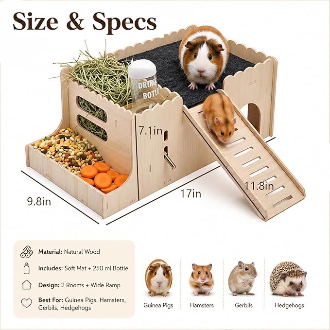 Large Guinea Pig Hideout, Hamster Hideout, with ramp, Easy to Assemble, Sturdy Wooden Small Animal Bed Platform, with Water Bottle, Granary, Used for Small Animal House Habitat or Hamster Hideout