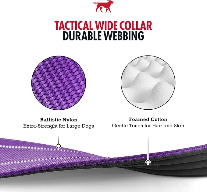 Tuff Pupper Tactical Dog Collar | Heavy Duty 1.5" Wide Ballistic Nylon | Training Control Handle | Quick-Release Metal Buckle | Reflective Bands | ID Tag Holder | Padded Inner Lining (Purple, Medium)