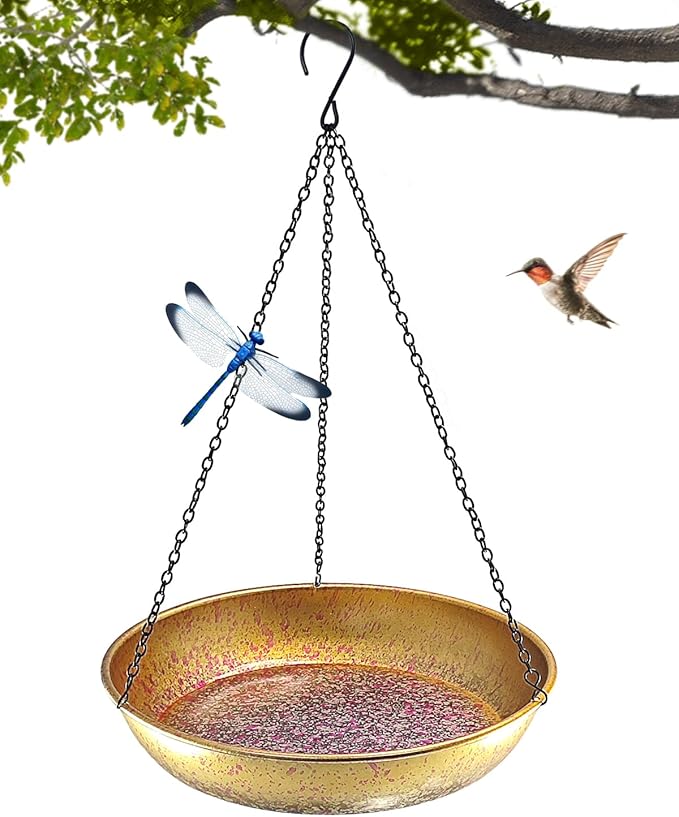Hanging Bird Bath for Outside Metal Birdbath 11 Inch for Birds to Seed Bathe Drink Decor Bird Bath Gold to Iridescent Pink Gradient Decor for Garden Back Yard Patio Attracts Hummingbirds & Finches